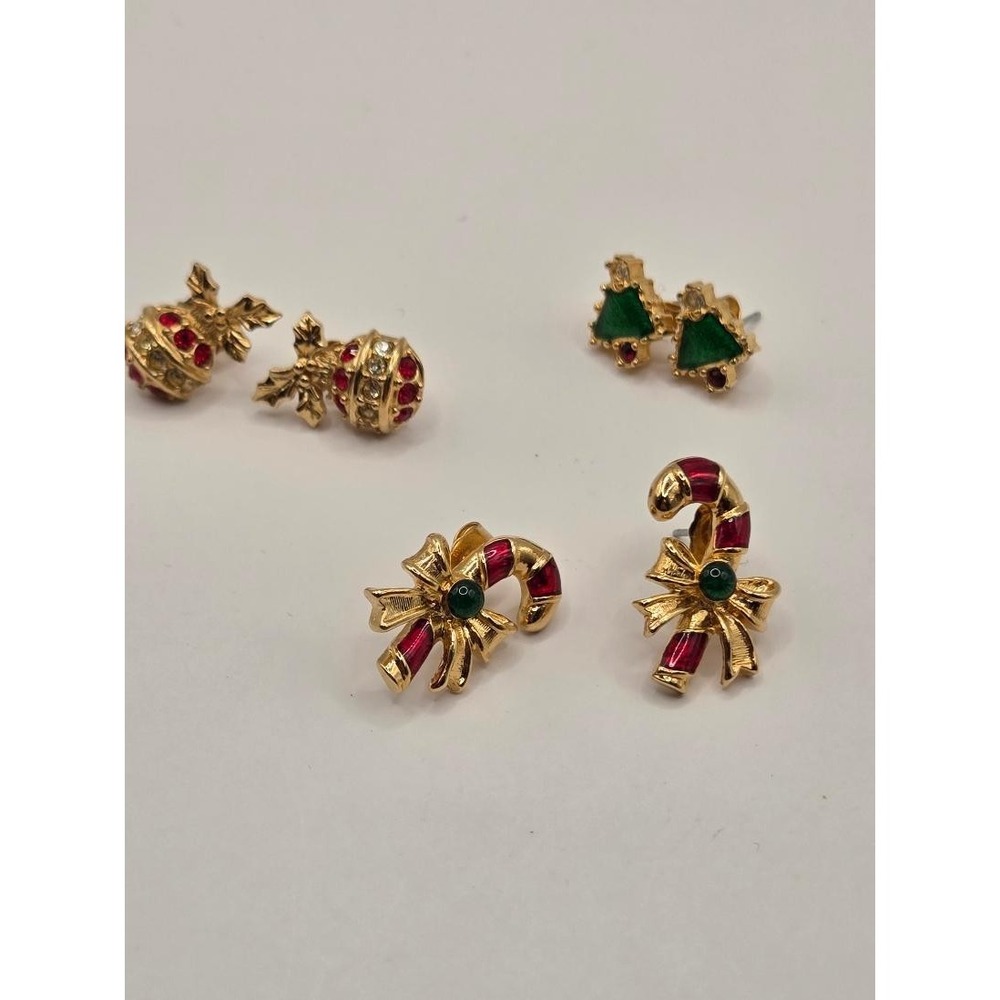 Avon Lot of 3 Pairs Holidays Enamel Rhinestone Christmas Pierced Earrings Vtg
